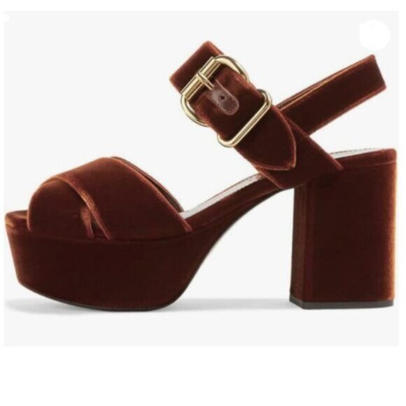 FSJ Brown Peep Toe Chunky High Heels Platform Sandals Ankle Strap Velvet Shoes - Picture 1 of 8